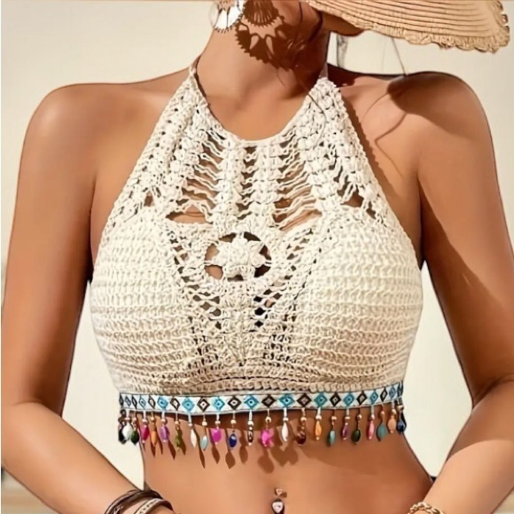 Crochet Beaded Halter Top | SIZE M